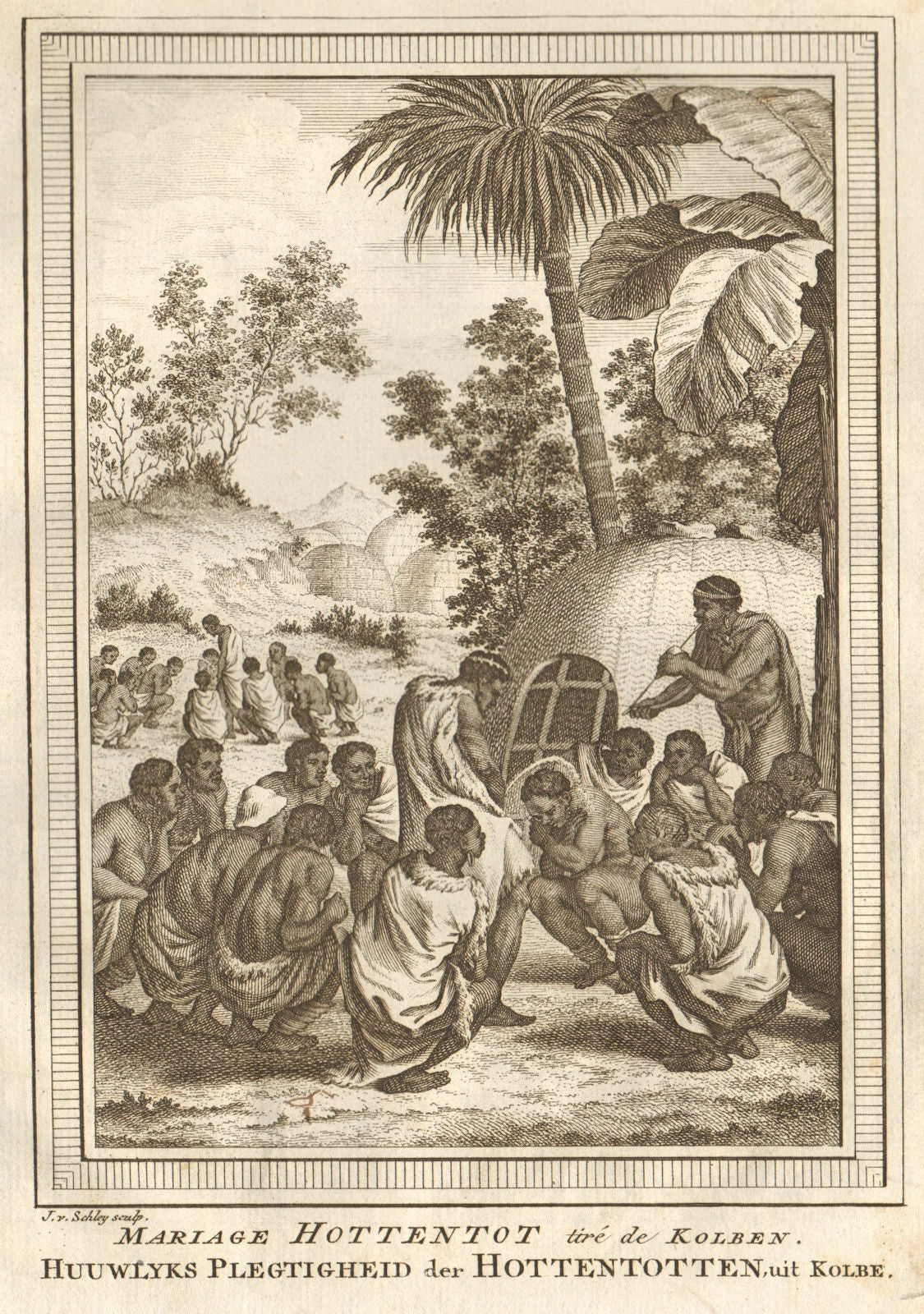 'Mariage Hottentot'. Southern Africa. Khoikhoi Wedding. SCHLEY 1748 old print